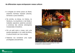 13
As diferentes raças enriquecem nossa cultura
• A chegada de tantos povos ao Brasil,
trazendo inúmeras riquezas culturais,
formaram o povo brasileiro.
• Na comida, na dança, na música, na
literatura, na arquitetura e nas festas e
tradições populares podemos perceber
a presença das culturas estrangeiras
incorporadas à brasileira.
• Em um país como o nosso, com uma
grande população e um vasto território,
a cultura tende a ser rica e ampla.
• Podemos nos considerar uma nação
privilegiada culturalmente.
A diversidade cultural e a miscigenação de raças
enriquecem a cultura brasileira
Alfa
Canhetti/Divulgação
Fundação
de
Cultura/Divulgação
 