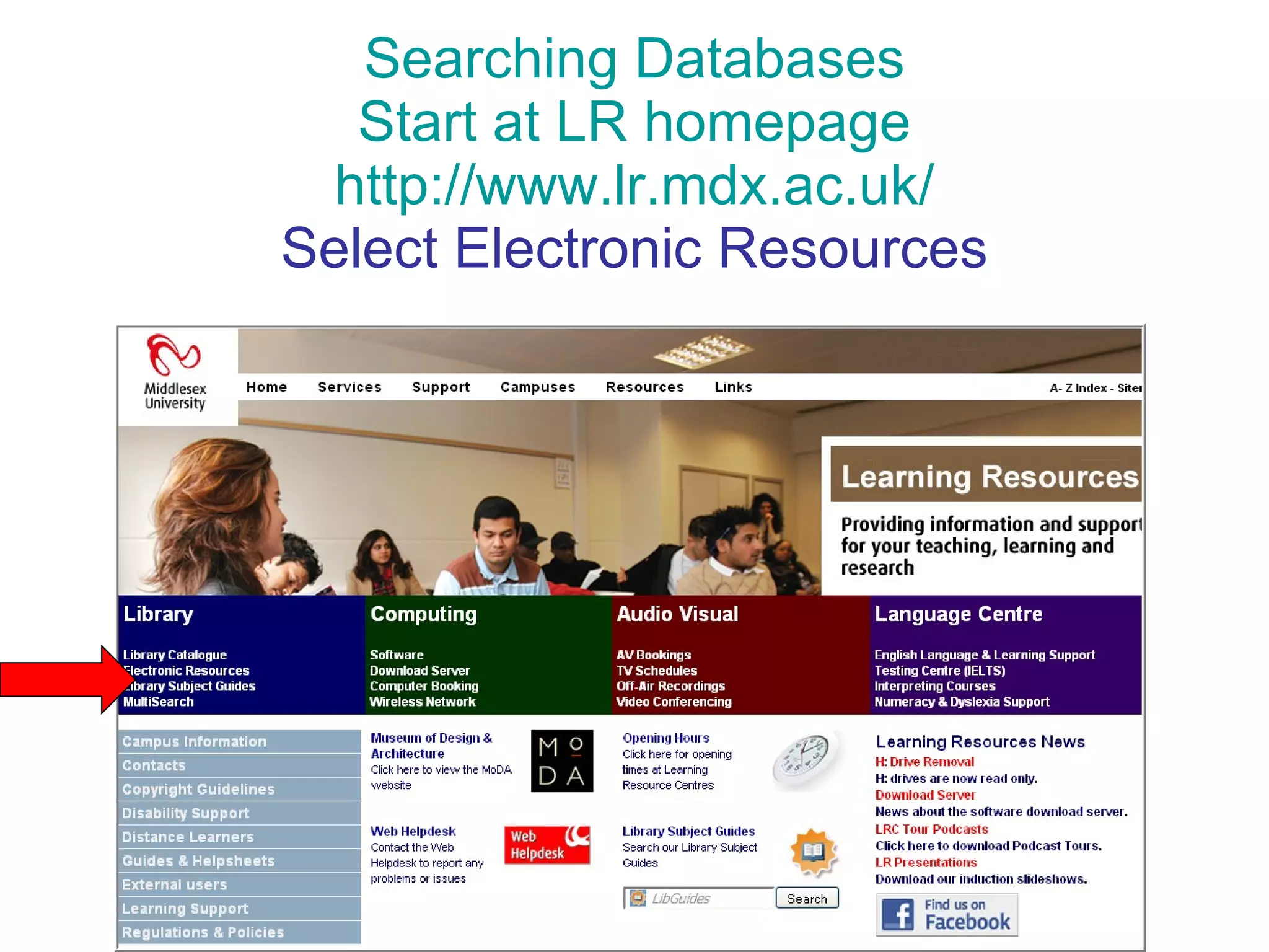 Searching Databases Start at LR homepage http://www.lr.mdx.ac.uk/ Select Electronic Resources 