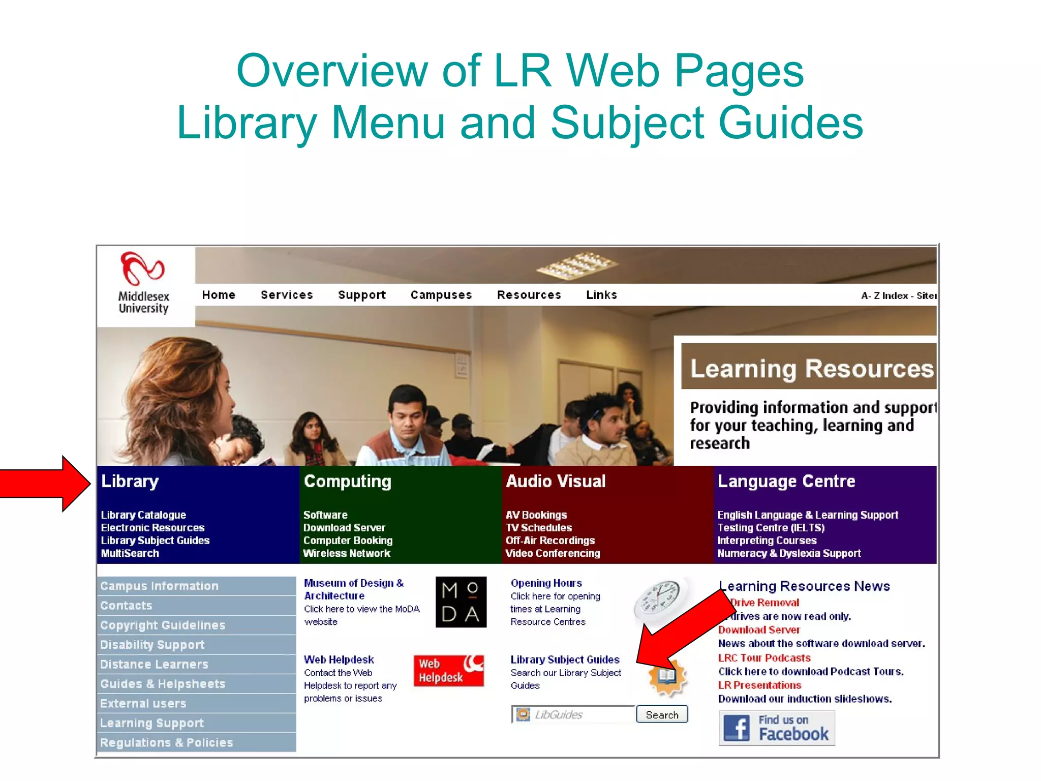 Overview of LR Web Pages Library Menu and Subject Guides 