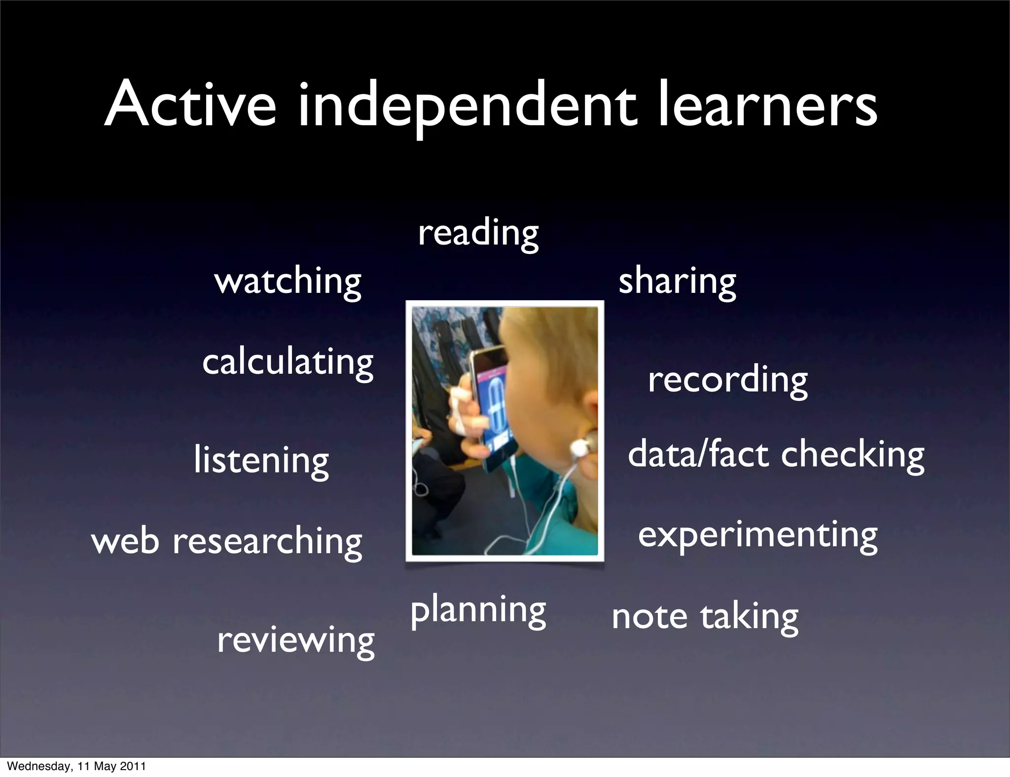 Active independent learners
                                       reading
                          watching                sharing
                         calculating                recording
                         listening                data/fact checking

             web researching                       experimenting
                                       planning   note taking
                          reviewing

Wednesday, 11 May 2011
 
