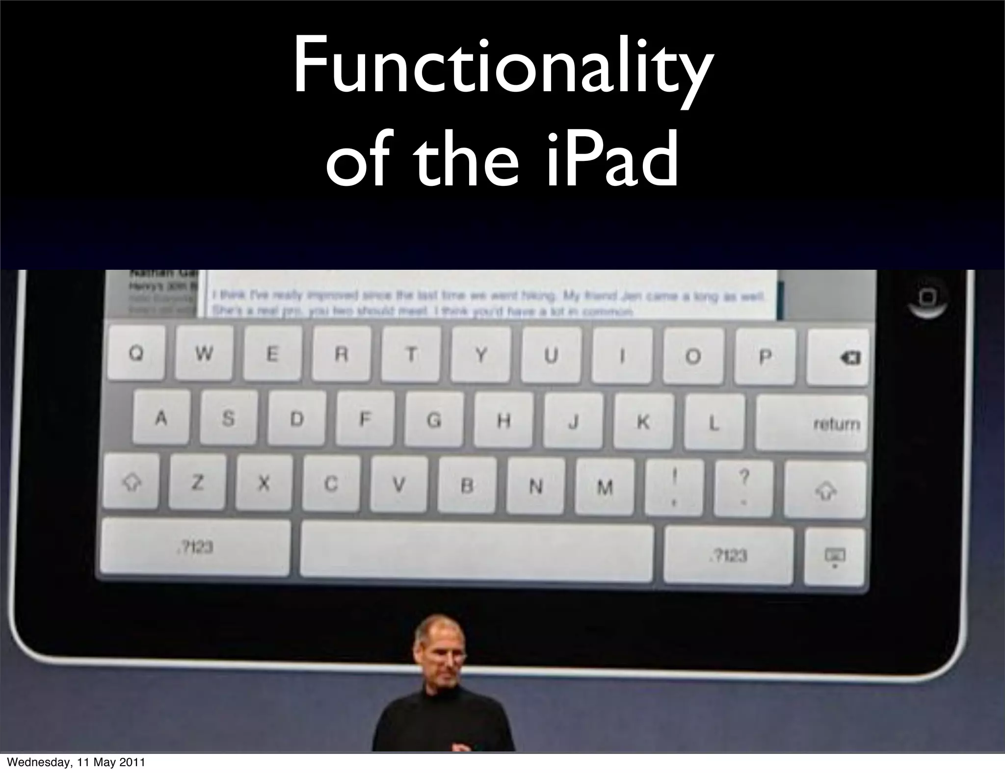 Functionality
                          of the iPad




Wednesday, 11 May 2011
 