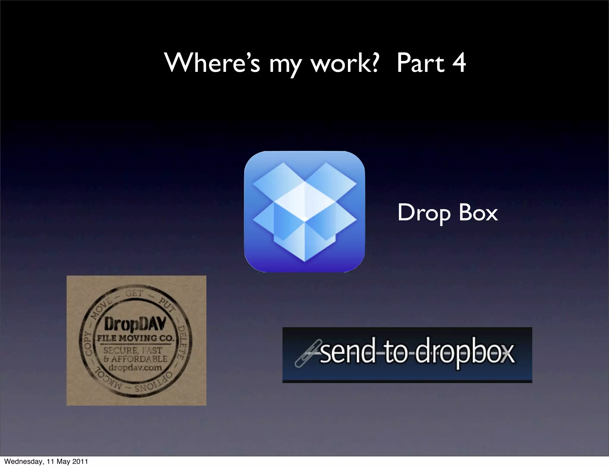 Where’s my work? Part 4




                                          Drop Box




Wednesday, 11 May 2011
 