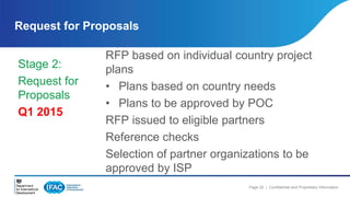 RFP based on individual country project 
plans 
• Plans based on country needs 
• Plans to be approved by POC 
RFP issued to eligible partners 
Reference checks 
Selection of partner organizations to be 
approved by ISP 
Page 22 | Confidential and Proprietary Information 
Request for Proposals 
Stage 2: 
Request for 
Proposals 
Q1 2015 
 