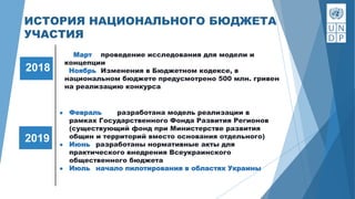 2018
ИСТОРИЯ НАЦИОНАЛЬНОГО БЮДЖЕТА
УЧАСТИЯ
Март проведение исследования для модели и
концепции
Ноябрь Изменения в Бюджетном кодексе, в
национальном бюджете предусмотрено 500 млн. гривен
на реализацию конкурса
● Февраль разработана модель реализации в
рамках Государственного Фонда Развития Регионов
(существующий фонд при Министерстве развития
общин и территорий вместо основания отдельного)
● Июнь разработаны нормативные акты для
практического внедрения Всеукраинского
общественного бюджета
● Июль начало пилотирования в областях Украины
2019
 