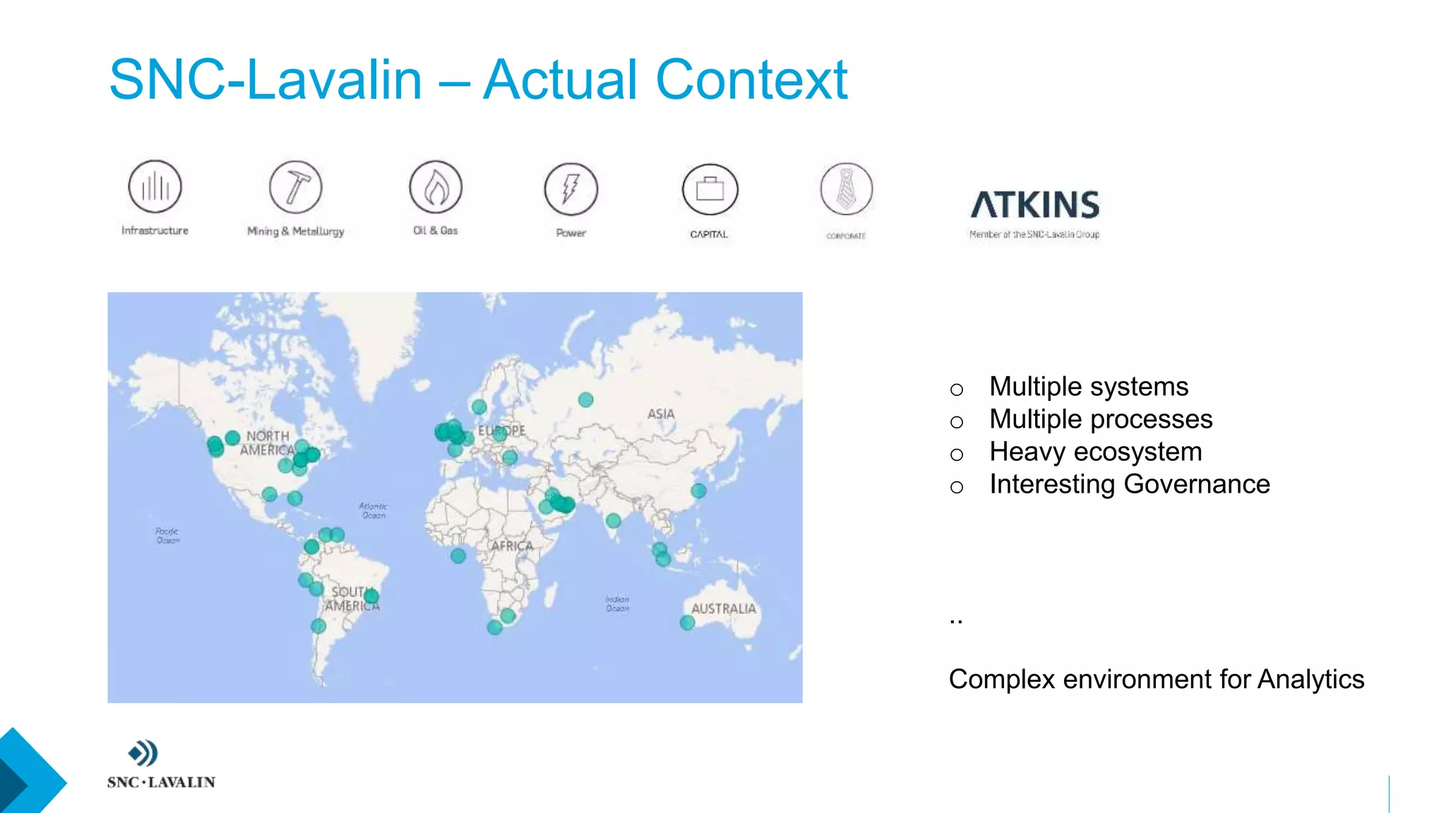 SNC-Lavalin – Actual Context
o Multiple systems
o Multiple processes
o Heavy ecosystem
o Interesting Governance
..
Complex environment for Analytics
 