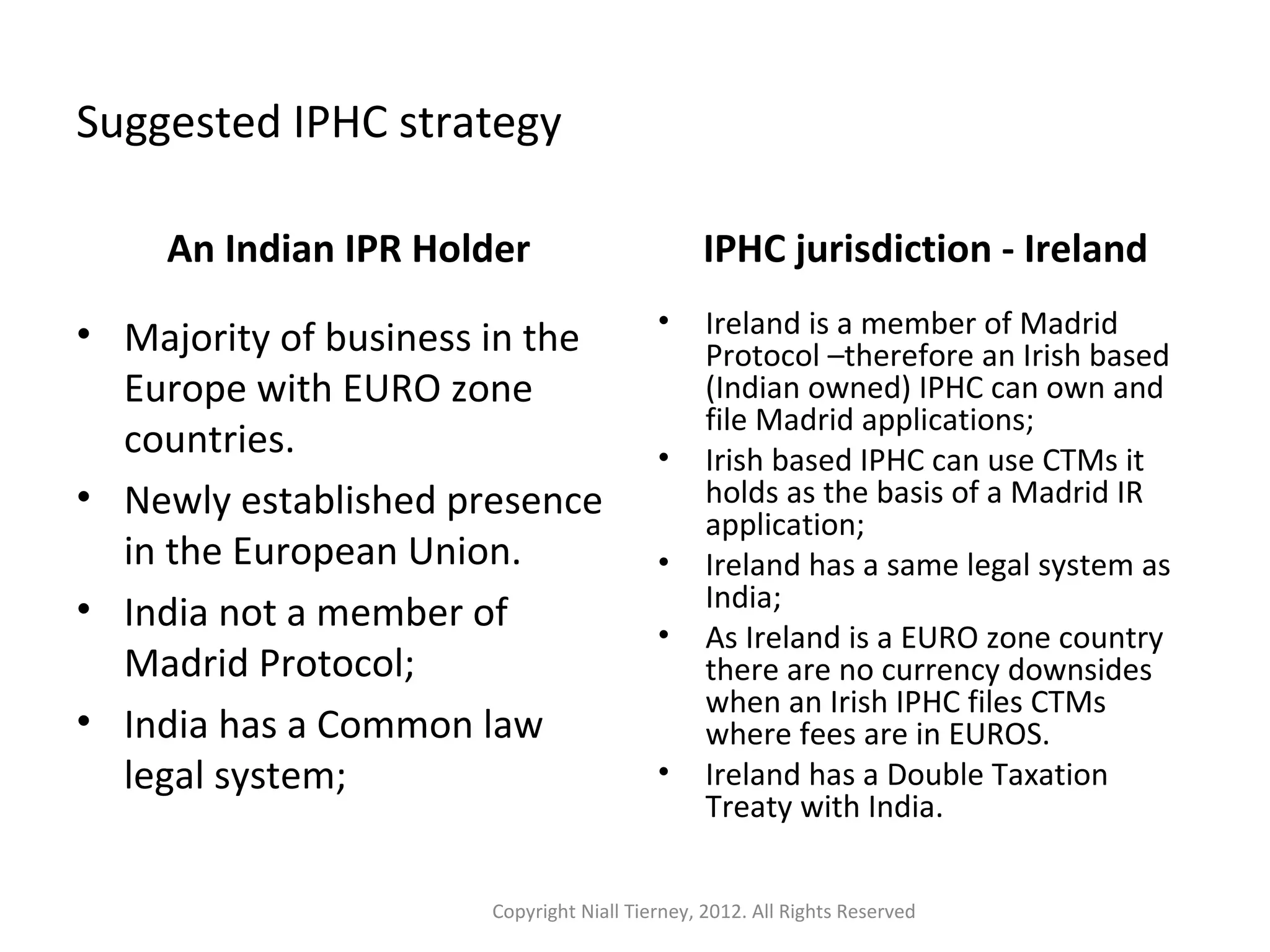 Suggested IPHC strategy 
An Indian IPR Holder 
• Majority of business in the 
Europe with EURO zone 
countries. 
• Newly established presence 
in the European Union. 
• India not a member of 
Madrid Protocol; 
• India has a Common law 
legal system; 
IPHC jurisdiction - Ireland 
• Ireland is a member of Madrid 
Protocol –therefore an Irish based 
(Indian owned) IPHC can own and 
file Madrid applications; 
• Irish based IPHC can use CTMs it 
holds as the basis of a Madrid IR 
application; 
• Ireland has a same legal system as 
India; 
• As Ireland is a EURO zone country 
there are no currency downsides 
when an Irish IPHC files CTMs 
where fees are in EUROS. 
• Ireland has a Double Taxation 
Treaty with India. 
Copyright Niall Tierney, 2012. All Rights Reserved 
 