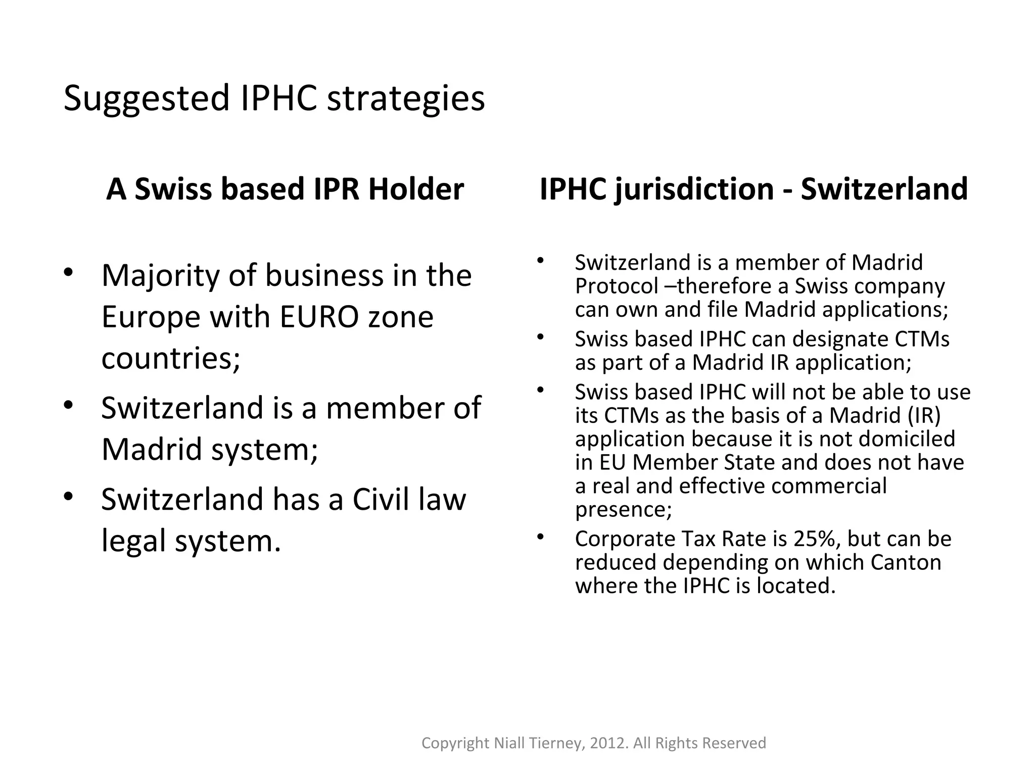 Suggested IPHC strategies 
A Swiss based IPR Holder 
• Majority of business in the 
Europe with EURO zone 
countries; 
• Switzerland is a member of 
Madrid system; 
• Switzerland has a Civil law 
legal system. 
IPHC jurisdiction - Switzerland 
• Switzerland is a member of Madrid 
Protocol –therefore a Swiss company 
can own and file Madrid applications; 
• Swiss based IPHC can designate CTMs 
as part of a Madrid IR application; 
• Swiss based IPHC will not be able to use 
its CTMs as the basis of a Madrid (IR) 
application because it is not domiciled 
in EU Member State and does not have 
a real and effective commercial 
presence; 
• Corporate Tax Rate is 25%, but can be 
reduced depending on which Canton 
where the IPHC is located. 
Copyright Niall Tierney, 2012. All Rights Reserved 
 