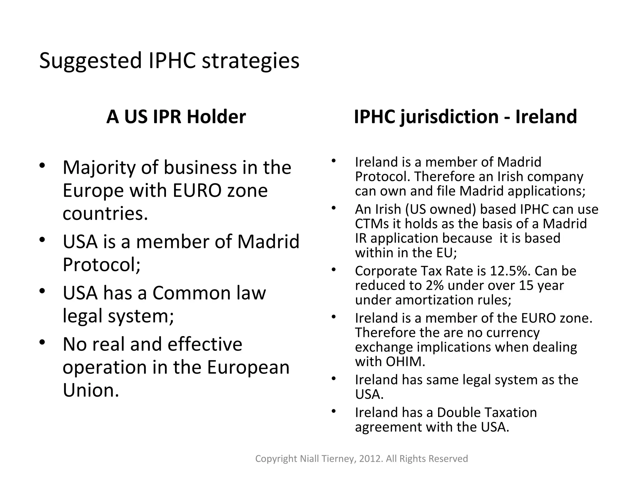 Suggested IPHC strategies 
A US IPR Holder 
• Majority of business in the 
Europe with EURO zone 
countries. 
• USA is a member of Madrid 
Protocol; 
• USA has a Common law 
legal system; 
• No real and effective 
operation in the European 
Union. 
IPHC jurisdiction - Ireland 
• Ireland is a member of Madrid 
Protocol. Therefore an Irish company 
can own and file Madrid applications; 
• An Irish (US owned) based IPHC can use 
CTMs it holds as the basis of a Madrid 
IR application because it is based 
within in the EU; 
• Corporate Tax Rate is 12.5%. Can be 
reduced to 2% under over 15 year 
under amortization rules; 
• Ireland is a member of the EURO zone. 
Therefore the are no currency 
exchange implications when dealing 
with OHIM. 
• Ireland has same legal system as the 
USA. 
• Ireland has a Double Taxation 
agreement with the USA. 
Copyright Niall Tierney, 2012. All Rights Reserved 
 