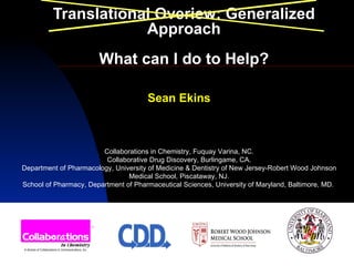 Translational Overiew: Generalized Approach What can I do to Help? Sean Ekins Collaborations in Chemistry, Fuquay Varina, NC. Collaborative Drug Discovery, Burlingame, CA. Department of Pharmacology, University of Medicine & Dentistry of New Jersey-Robert Wood Johnson Medical School, Piscataway, NJ. School of Pharmacy, Department of Pharmaceutical Sciences, University of Maryland, Baltimore, MD.  