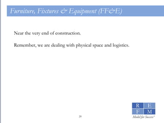 Furniture, Fixtures & Equipment (FF&E) Near the very end of construction. Remember, we are dealing with physical space and logistics. 