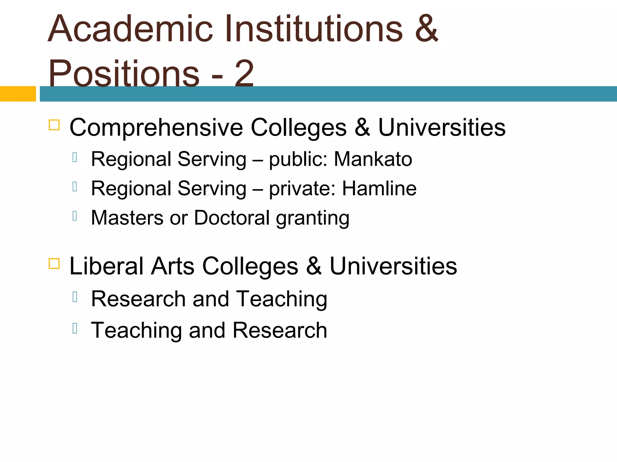 Academic Institutions &
Positions - 2
 Comprehensive Colleges & Universities
 Regional Serving – public: Mankato
 Regional Serving – private: Hamline
 Masters or Doctoral granting
 Liberal Arts Colleges & Universities
 Research and Teaching
 Teaching and Research
 
