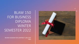 BLAW 150
FOR BUSINESS
DIPLOMA
WINTER
SEMESTER 2022
REVIEW SESSION FOR CONTRACT LAW TEST
TWO
 