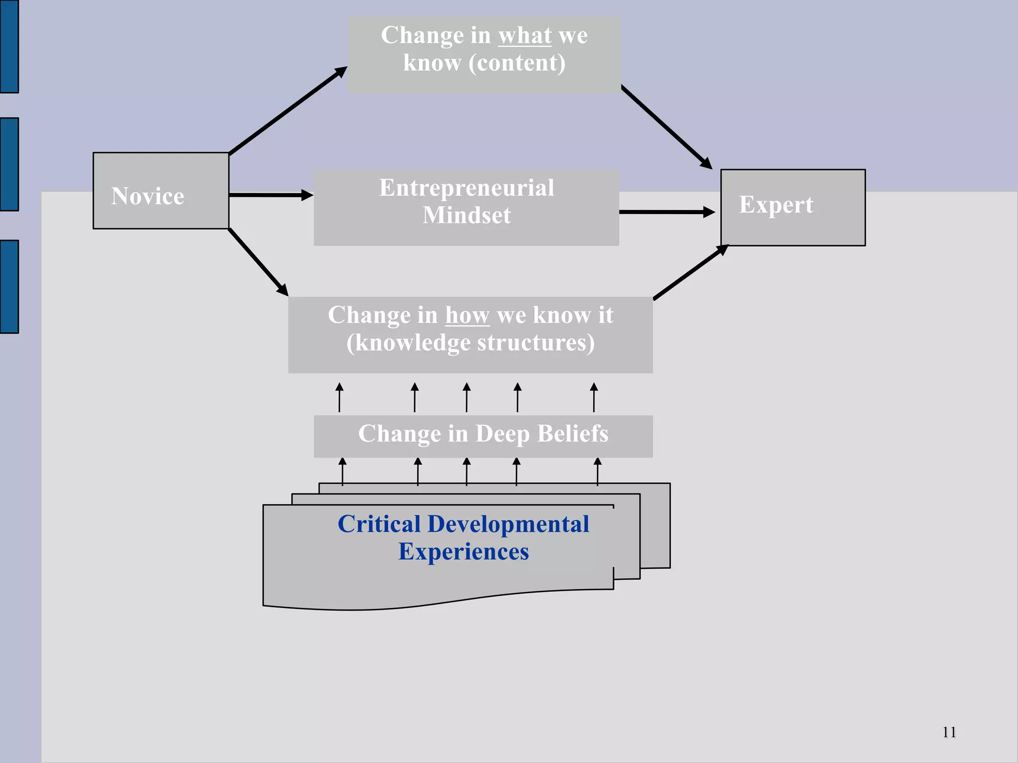 Change in what we
              know (content)




Novice       Entrepreneurial
                Mindset             Expert



         Change in how we know it
          (knowledge structures)


           Change in Deep Beliefs


         Critical Developmental
               Experiences




                                             11
 