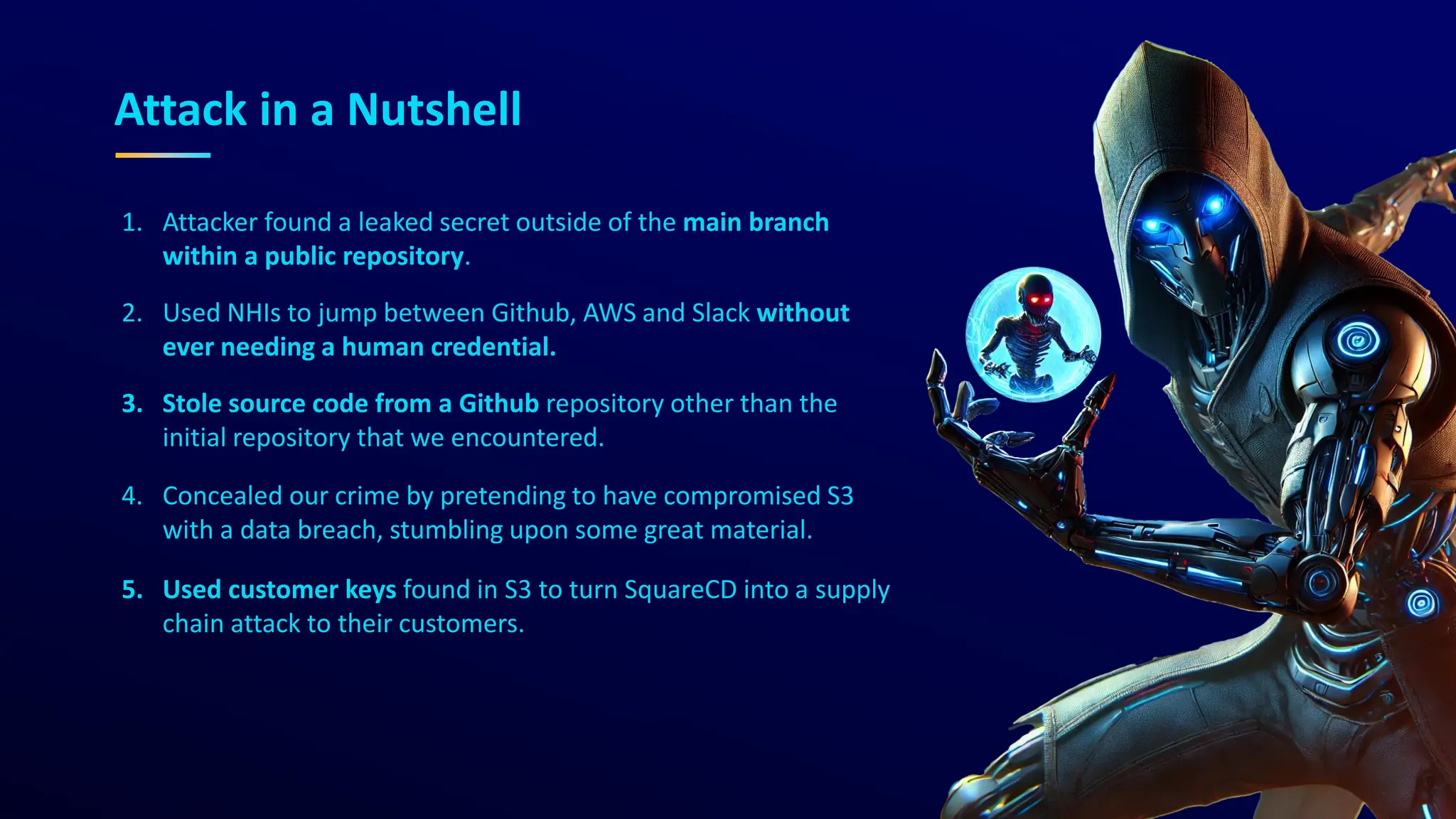 Attack in a Nutshell
1. Attacker found a leaked secret outside of the main branch
within a public repository.
2. Used NHIs to jump between Github, AWS and Slack without
ever needing a human credential.
3. Stole source code from a Github repository other than the
initial repository that we encountered.
4. Concealed our crime by pretending to have compromised S3
with a data breach, stumbling upon some great material.
5. Used customer keys found in S3 to turn SquareCD into a supply
chain attack to their customers.
 