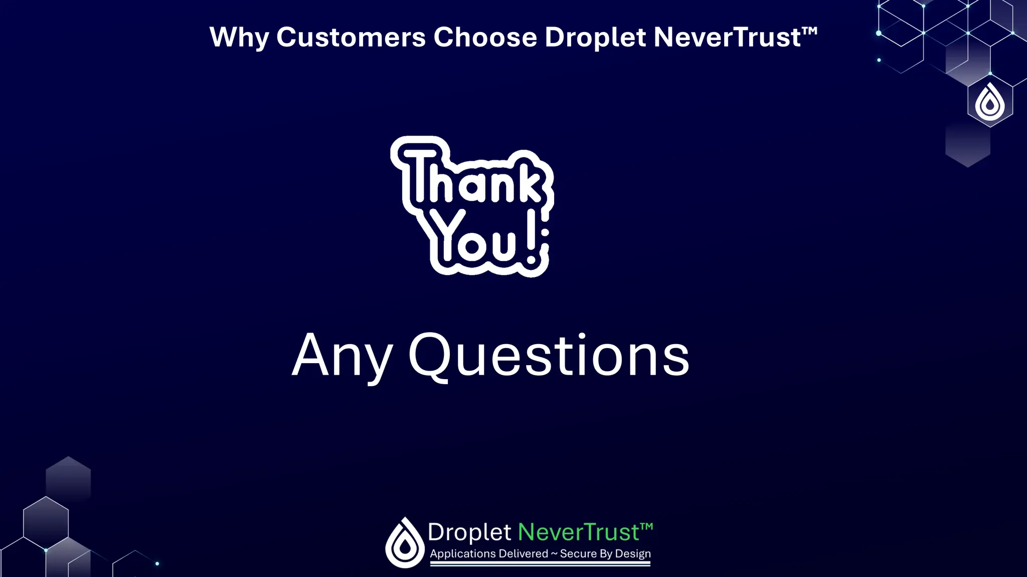 Any Questions
Why Customers Choose Droplet NeverTrust
 