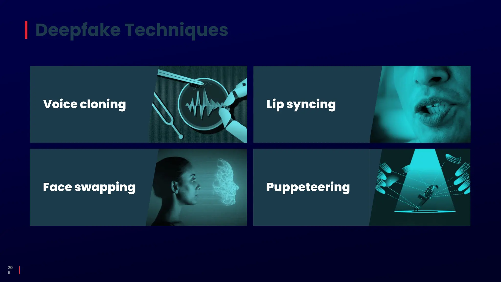 Deepfake Techniques
20
9
Voice cloning Lip syncing
Face swapping Puppeteering
 