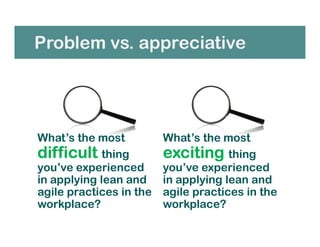 Problem vs. appreciative
What’s the most
difficult thing
you’ve experienced
in applying lean and
agile practices in the
workplace?
What’s the most
exciting thing
you’ve experienced
in applying lean and
agile practices in the
workplace?
 