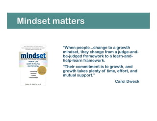 Mindset matters
“When people...change to a growth
mindset, they change from a judge-and-
be-judged framework to a learn-and-
help-learn framework.
“Their commitment is to growth, and
growth takes plenty of time, effort, and
mutual support.”
Carol Dweck
 