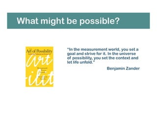 What might be possible?
“In the measurement world, you set a
goal and strive for it. In the universe
of possibility, you set the context and
let life unfold.”
Benjamin Zander
 