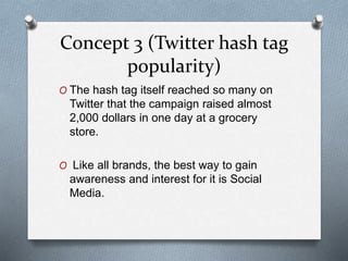 Concept 3 (Twitter hash tag
popularity)
O The hash tag itself reached so many on
Twitter that the campaign raised almost
2,000 dollars in one day at a grocery
store.
O Like all brands, the best way to gain
awareness and interest for it is Social
Media.
 