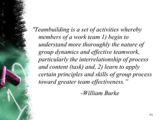 “Teambuilding is a set of activities whereby
members of a work team 1) begin to
understand more thoroughly the nature of
group dynamics and effective teamwork,
particularly the interrelationship of process
and content (task) and, 2) learn to apply
certain principles and skills of group process
toward greater team effectiveness.”
-William Burke
11
 