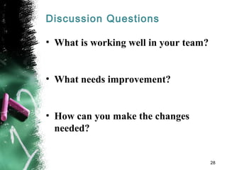 Discussion Questions
• What is working well in your team?
• What needs improvement?
• How can you make the changes
needed?
28
 