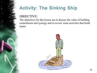 Activity: The Sinking Ship
OBJECTIVE:
The objectives for this lesson are to discuss the value of building
commitment and synergy and to review some activities that build
teams
35
 