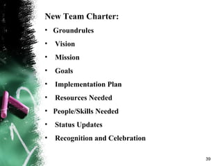 New Team Charter:
• Groundrules
• Vision
• Mission
• Goals
• Implementation Plan
• Resources Needed
• People/Skills Needed
• Status Updates
• Recognition and Celebration  
39
 