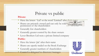 Private vs public
Private:
• Have the letters ‘ Ltd’ or the word ‘Limited’ after their name
• Shares are privately owned and can only be sold with the
permission of the shareholders
• Generally few shareholders
• Generally greater control by the share owners
• Lever Brothers Ltd were a private limited company
Public:
• Have the letters ‘plc’ after their name
• Shares are openly traded on the Stock Exchange
• Generally greater numbers of shareholders
• Control is delegated to directors/manages
 