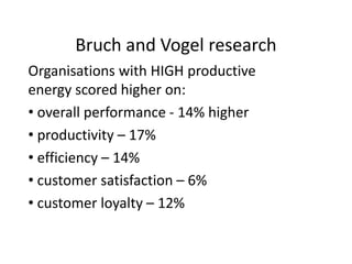 Bruch and Vogel research 
Organisations with HIGH productive 
energy scored higher on: 
• overall performance - 14% higher 
• productivity – 17% 
• efficiency – 14% 
• customer satisfaction – 6% 
• customer loyalty – 12% 
 