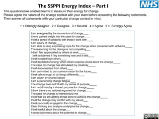 @HelenBevan 
The SSPPI Energy Index – Part I 
This questionnaire enables teams to measure their energy for change. 
Please agree the nature of the change context with your team before answering the following statements. 
Then answer all statements with your particular change context in mind. 
1 = Strongly disagree 2 = Disagree 3 = Neutral 4 = Agree 5 = Strongly Agree 
I am energised by the momentum of change____ 
I have gained insight into the case for change____ 
I feel a sense of solidarity with those I work with ____ 
I am weary of change____ 
I am able to keep expressing hope for the change when presented with setbacks_____ 
The reasoning for the change is not compelling___ 
I don’t feel appreciated by others at work_____ 
I will be blamed if I try something new and it fails____ 
I feel isolated from others____ 
I feel depleted of energy when others express doubt about the change_____ 
The case for change has stimulated my creativity_____ 
I feel disconnected from others____ 
I am committed to our common vision for the future____ 
I feel safe enough to do things differently____ 
I am driven by shared values____ 
I am experiencing change fatigue____ 
The change does not fit with my sense of purpose_____ 
I am not driven by a shared purpose for change_____ 
I think there is no rational argument for change____ 
The case for change is interesting to me_____ 
I feel that we are getting things done to achieve the change_____ 
I feel the change may conflict with my values___ 
I feel personally engaged in the change___ 
Clear thinking and analysis underpins the change___ 
I feel fearful about the change___ 
I sense openness about the potential to change___ 
 
