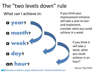 The “two levels down” rule 
What can I achieve in: 
a year? 
a month? 
a week? 
a day? 
an hour? 
If you think your 
improvement initiative 
will take a year to test 
and implement, 
consider what you could 
achieve in a week 
@HelenBevan @Elaine_Bayliss @JCHannah77 #Radicals #IHI26Forum 
If you think it 
will take a 
week, what 
you could 
achieve in an 
hour? 
Source: Paul Plsek 
 