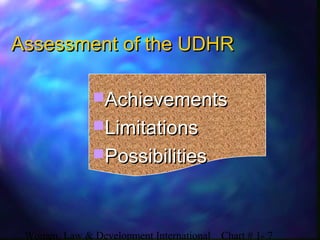 Women, Law & Development International Chart # 1- 7
Assessment of the UDHRAssessment of the UDHR
AchievementsAchievements
LimitationsLimitations
PossibilitiesPossibilities
 