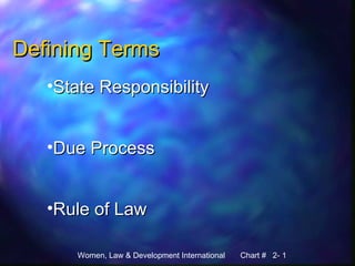 Women, Law & Development International Chart # 2- 1
Defining TermsDefining Terms
•State ResponsibilityState Responsibility
•Due ProcessDue Process
•Rule of LawRule of Law
 