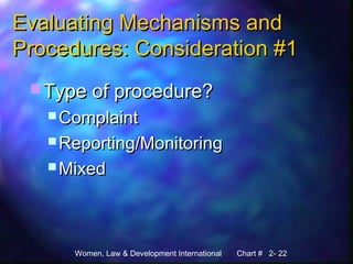 Women, Law & Development International Chart # 2- 22
Evaluating Mechanisms andEvaluating Mechanisms and
Procedures: Consideration #1Procedures: Consideration #1
 Type of procedure?Type of procedure?
 ComplaintComplaint
 Reporting/MonitoringReporting/Monitoring
 MixedMixed
 