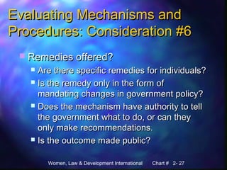 Women, Law & Development International Chart # 2- 27
Evaluating Mechanisms andEvaluating Mechanisms and
Procedures: Consideration #6Procedures: Consideration #6
 Remedies offered?Remedies offered?
 Are there specific remedies for individuals?Are there specific remedies for individuals?
 Is the remedy only in the form ofIs the remedy only in the form of
mandating changes in government policy?mandating changes in government policy?
 Does the mechanism have authority to tellDoes the mechanism have authority to tell
the government what to do, or can theythe government what to do, or can they
only make recommendations.only make recommendations.
 Is the outcome made public?Is the outcome made public?
 