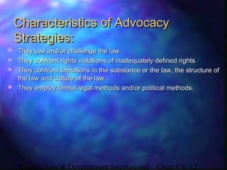 Women, Law & Development International Chart # 4- 12
Characteristics of AdvocacyCharacteristics of Advocacy
Strategies:Strategies:
 They use and/or challenge the lawThey use and/or challenge the law
 They confront rights violations of inadequately defined rightsThey confront rights violations of inadequately defined rights
 They confront limitations in the substance or the law, the structure ofThey confront limitations in the substance or the law, the structure of
the law and culture of the lawthe law and culture of the law
 They employ formal legal methods and/or political methods.They employ formal legal methods and/or political methods.
 