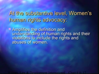Women, Law & Development International Chart # 4- 17
At the substantive level, Women’sAt the substantive level, Women’s
human rights advocacy:human rights advocacy:
 Amplifies the definition andAmplifies the definition and
understanding of human rights and theirunderstanding of human rights and their
violations to include the rights andviolations to include the rights and
abuses of women.abuses of women.
 