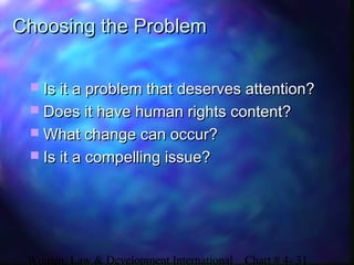 Women, Law & Development International Chart # 4- 31
Choosing the ProblemChoosing the Problem
 Is it a problem that deserves attention?Is it a problem that deserves attention?
 Does it have human rights content?Does it have human rights content?
 What change can occur?What change can occur?
 Is it a compelling issue?Is it a compelling issue?
 