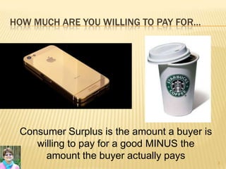 HOW MUCH ARE YOU WILLING TO PAY FOR…
3
Consumer Surplus is the amount a buyer is
willing to pay for a good MINUS the
amount the buyer actually pays
 