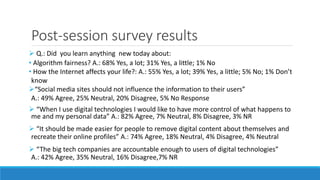 Post-session survey results
 Q.: Did you learn anything new today about:
• Algorithm fairness? A.: 68% Yes, a lot; 31% Ye...