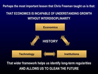 HISTORY Perhaps the most important lesson that Chris Freeman taught us is that: That wider framework helps us identify long-term regularities THAT ECONOMICS IS INCAPABLE OF UNDERSTANDING GROWTH  WITHOUT INTERDISCIPLINARITY  AND ALLOWS US TO GLEAN THE FUTURE Economics Technology Institutions 