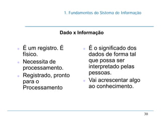 1. Fundamentos do Sistema de Informação
30
Dado x Informação
 É um registro. É
físico.
 Necessita de
processamento.
 Registrado, pronto
para o
Processamento
 É o significado dos
dados de forma tal
que possa ser
interpretado pelas
pessoas.
 Vai acrescentar algo
ao conhecimento.
 