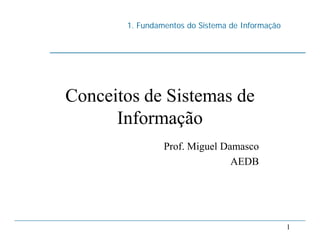 1. Fundamentos do Sistema de Informação
1
Conceitos de Sistemas de
Informação
Prof. Miguel Damasco
AEDB
 