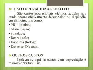 CUSTO OPERACIONAL EFETIVO
São custos operacionais efetivos aqueles nos
quais ocorre efetivamente desembolso ou dispêndio
em dinheiro, tais como:
• Mão-de-obra;
• Alimentação;
• Sanidade;
• Reprodução;
• Impostos (todos);
• Despesas Diversas.
 OUTROS CUSTOS
Incluem-se aqui os custos com depreciação e
mão-de-obra familiar.
 