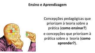 Ensino e Aprendizagem
Concepções pedagógicas que
priorizam à teoria sobre a
prática (como ensinar?)
e concepções que priorizam à
prática sobre a teoria (como
aprender?).
 