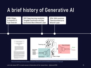 A brief history of Generative AI
Let's talk about GPT: A crash course in Generative AI for researchers - @steven2358 10
2005: SCIgen
An Automatic CS
Paper Generator
2012: Deep learning revolution
"ImageNet Classification with Deep
Convolutional Neural Networks” paper
2014: GAN revolution
"Generative Adversarial
Networks" paper
https://proceedings.neurips.cc/paper_files/paper/2014/file/5ca3e9b122f61f8f06494c97b1afccf3-Paper.pdf
https://towardsdatascience.com/generative-adversarial-networks-explained-34472718707a
 