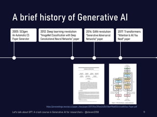 A brief history of Generative AI
Let's talk about GPT: A crash course in Generative AI for researchers - @steven2358 11
2005: SCIgen
An Automatic CS
Paper Generator
2012: Deep learning revolution
"ImageNet Classification with Deep
Convolutional Neural Networks” paper
2014: GAN revolution
"Generative Adversarial
Networks" paper
2017: Transformers
"Attention Is All You
Need" paper
https://proceedings.neurips.cc/paper_files/paper/2017/file/3f5ee243547dee91fbd053c1c4a845aa-Paper.pdf
 
