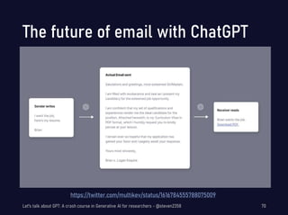 The future of email with ChatGPT
https://twitter.com/multikev/status/1616784555788075009
Let's talk about GPT: A crash course in Generative AI for researchers - @steven2358 70
 