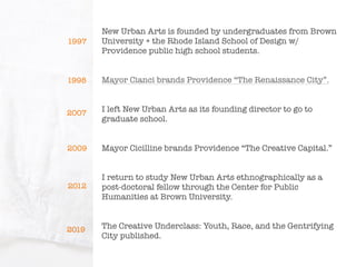 New Urban Arts is founded by undergraduates from Brown
University + the Rhode Island School of Design w/
Providence public...